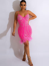 Spaghetti Strap Rhinestone Feather Mini Dress
